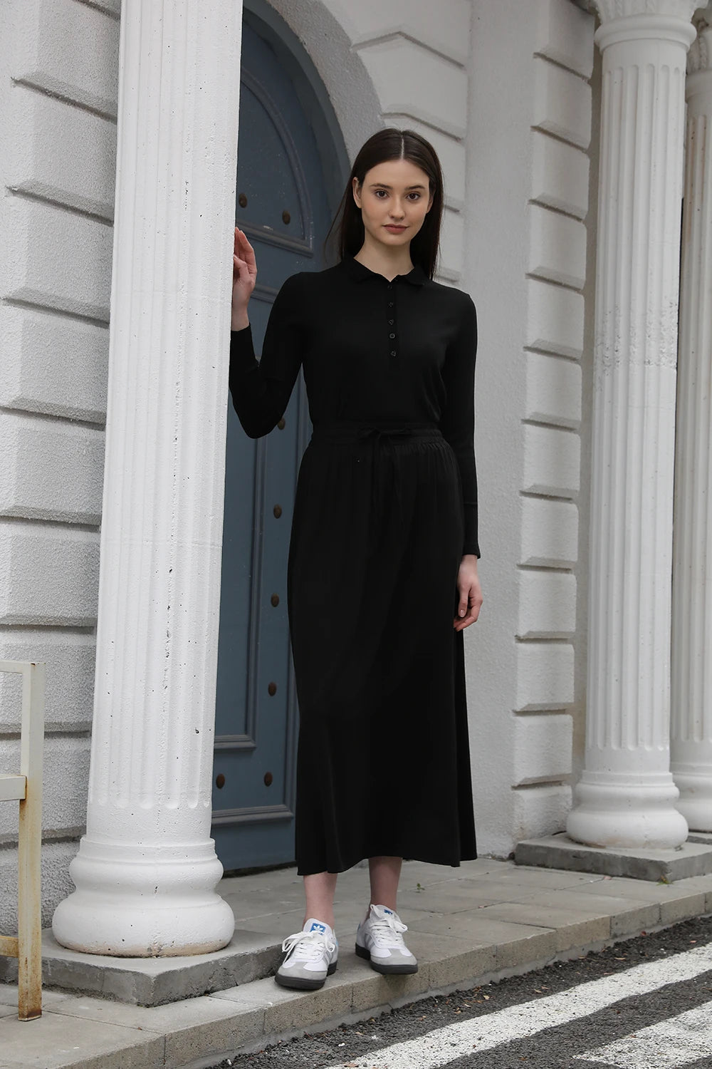 Cotton Blend Turn-Down Collar Top & A-Line Maxi Skirt Set – Modest Casual Fit