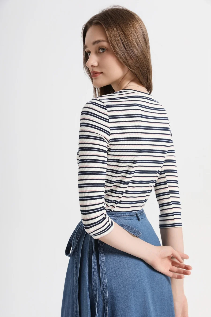 Striped Ribbed Top with 3/4 Sleeves (High Stretch Cotton Blend)