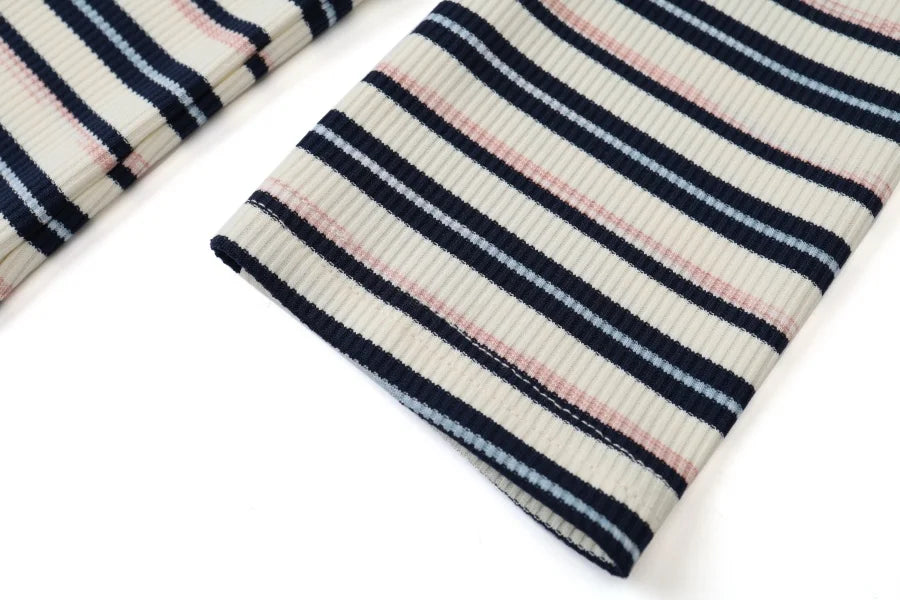 Striped Ribbed Top with 3/4 Sleeves (High Stretch Cotton Blend)
