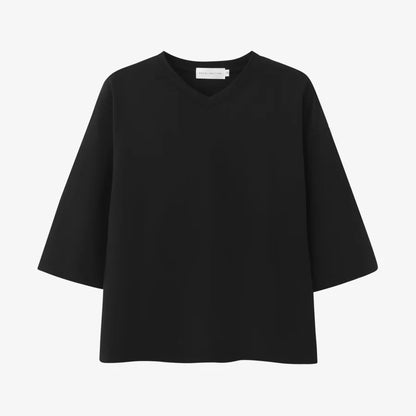 Loose Boxy V-Neck Tee with Drop Sleeves (Cotton Blend)