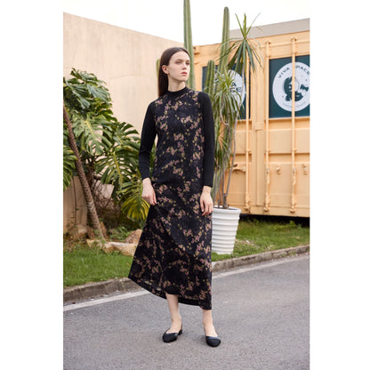 3-Piece Printed Satin Maxi Dress Set – Cardigan + Mock Neck Inner Layer