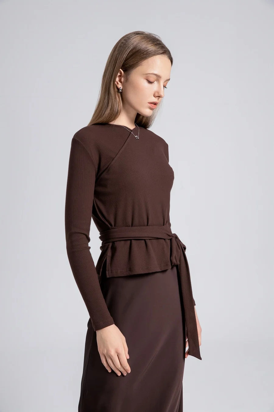 2-Piece Ribbed Wrap Top + Satin Slip Maxi Dress Set (Autumn Edition)