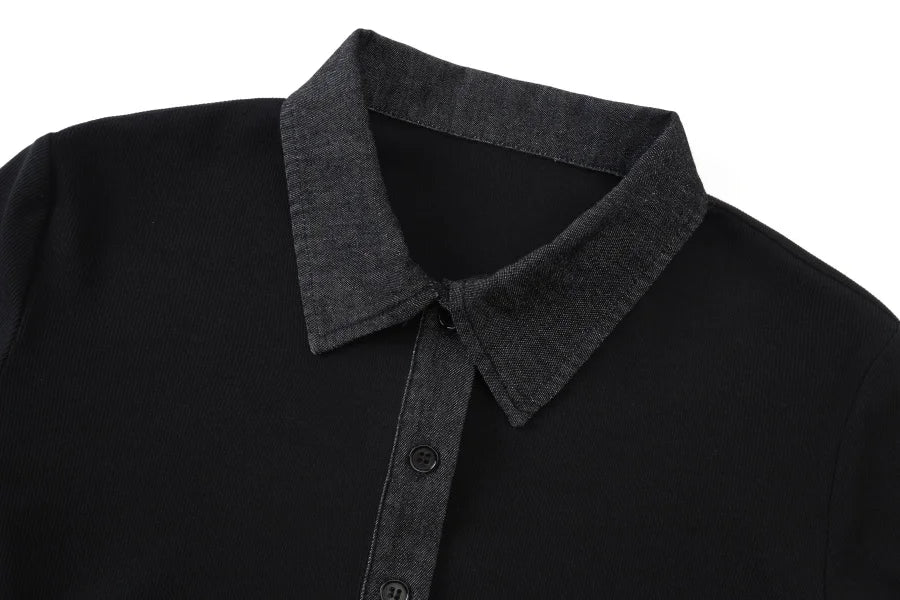 Ribbed Cardigan with Denim Collar + Sleeveless Maxi Dress Set