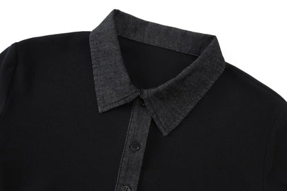 Ribbed Cardigan with Denim Collar + Sleeveless Maxi Dress Set