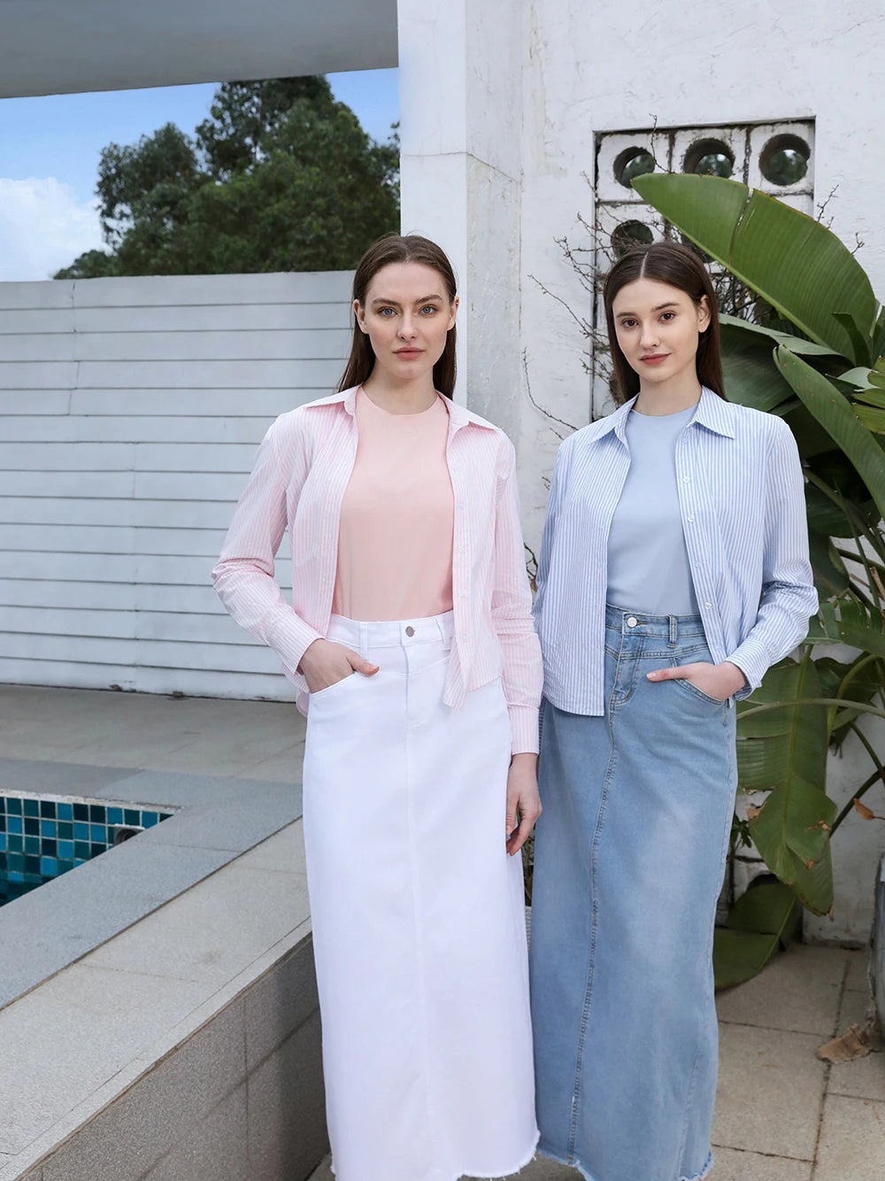 Printed Cotton Blouse & Denim Maxi Skirt Set – Sleeveless Modest Fit