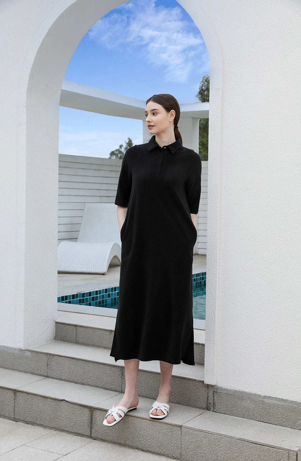 Terry Cotton Collar Maxi Dress – Modest Loose Fit