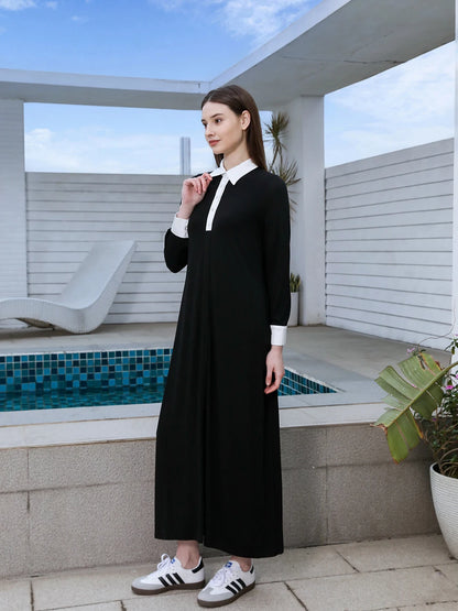 Modal Maxi Dress – Satin Patchwork Cuffs & Batwing Sleeves