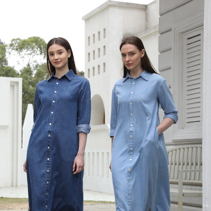 Denim Modest Maxi Shirt Dress – Belted Waist