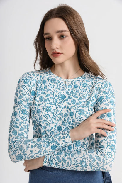 High-Stretch Printed Ribbed Top (Cotton Blend)