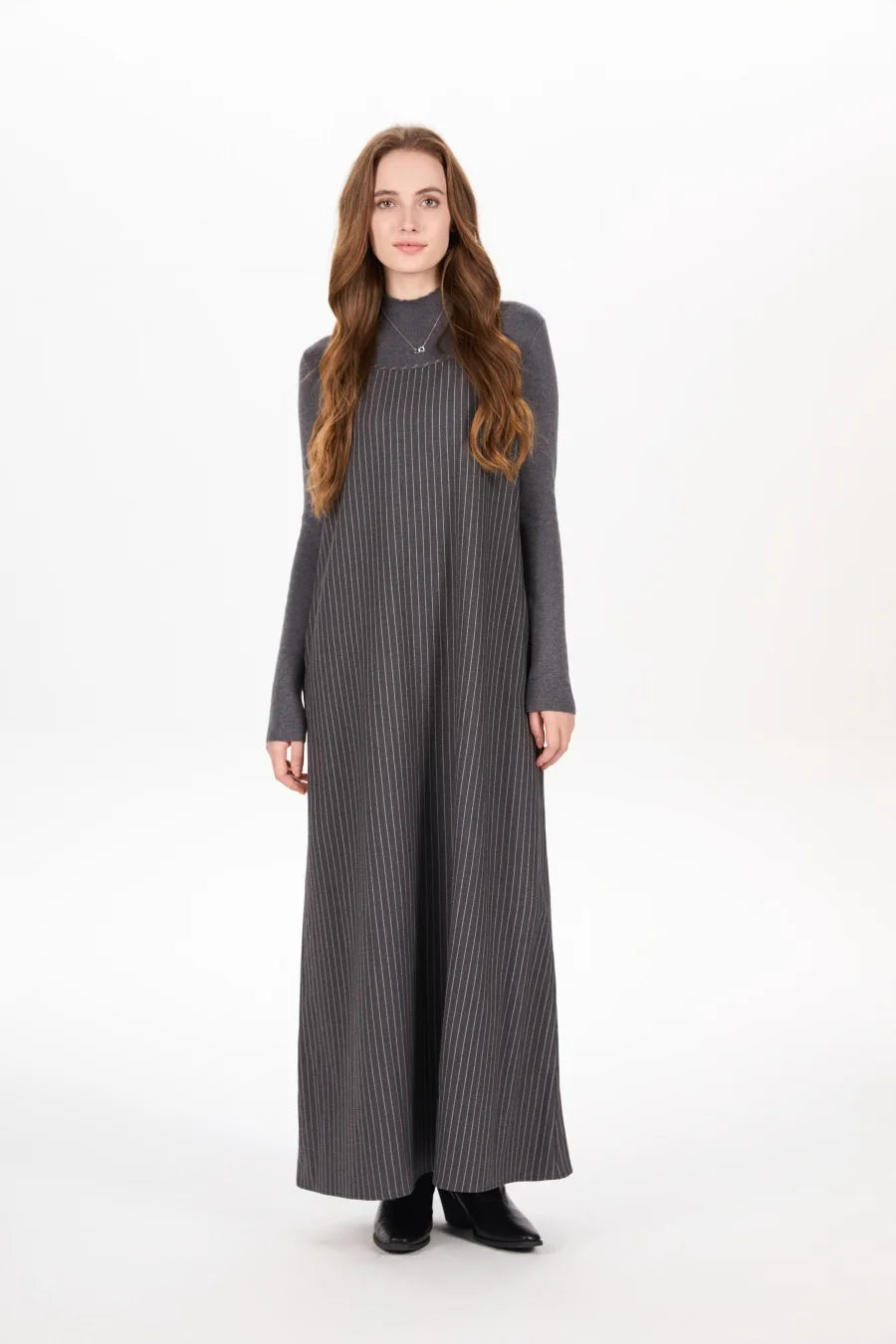 Pinstripe 4-Piece Autumn Set — Slip Dress, Knit Mockneck, Cable Knit, and Pleated Skirt