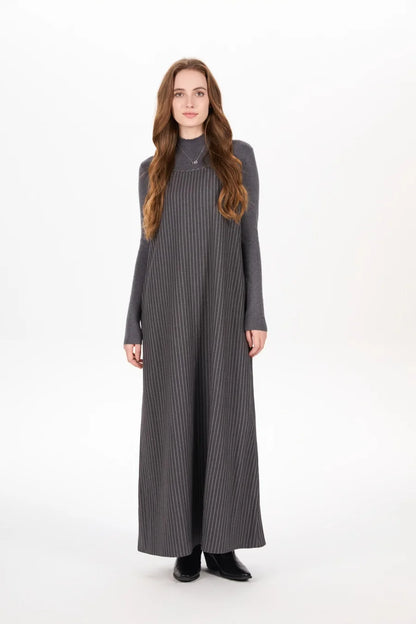 Pinstripe 4-Piece Autumn Set — Slip Dress, Knit Mockneck, Cable Knit, and Pleated Skirt