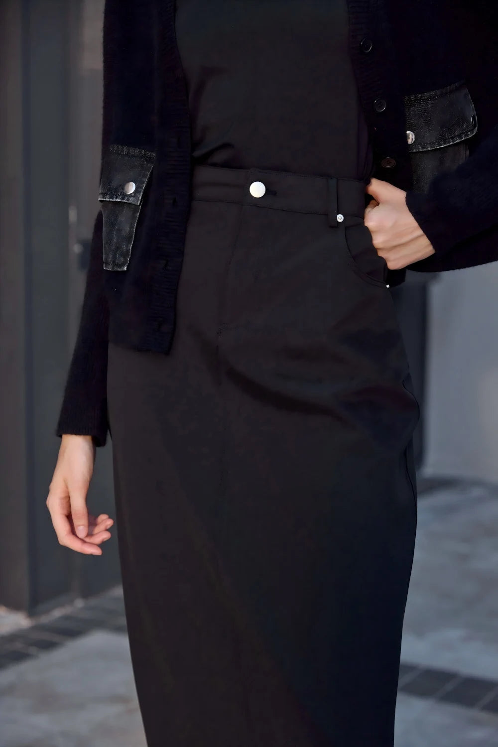 3-Piece Denim Dress Set – V-Neck Maxi Dress + Knit Cardigan + Inner Top