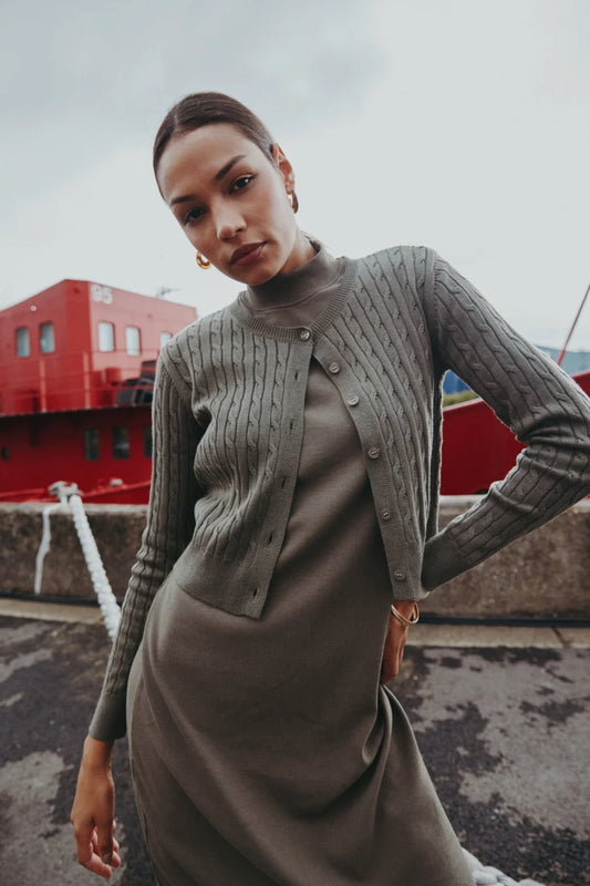 Cable-Knit Cardigan + Ribbed Mockneck Maxi Dress Set