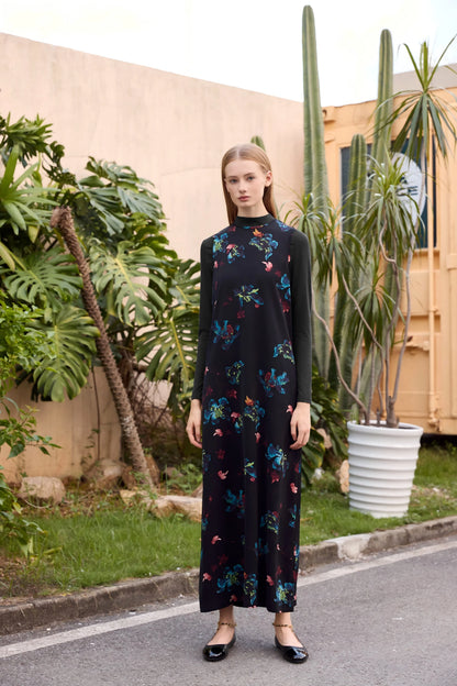 3-Piece Printed Satin Maxi Dress Set – Cardigan + Mock Neck Inner Layer