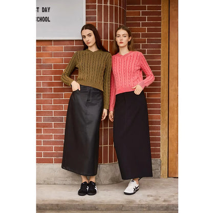 3-Piece Knit Sweater Set – Cable Knit Top + Stretch Skirt + Leather Skirt Option