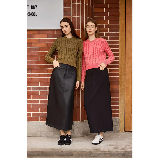 3-Piece Knit Sweater Set – Cable Knit Top + Stretch Skirt + Leather Skirt Option