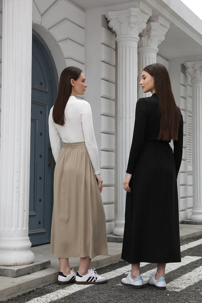 Cotton Blend Turn-Down Collar Top & A-Line Maxi Skirt Set – Modest Casual Fit