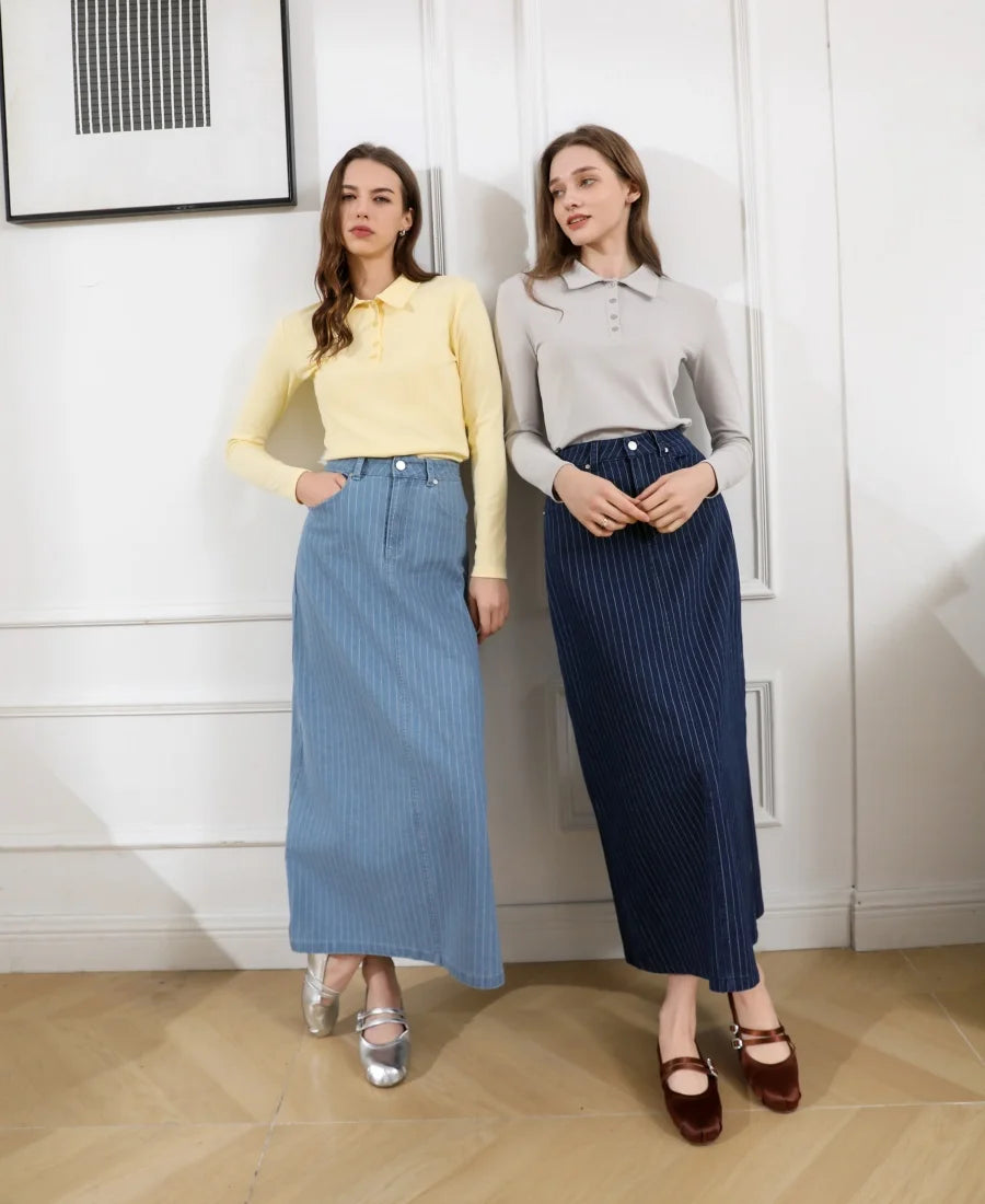 Pinstripe Denim Maxi Skirt (A-Line, Stretch Fit)