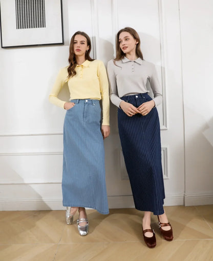 Pinstripe Denim Maxi Skirt (A-Line, Stretch Fit)