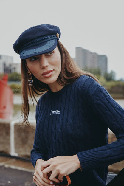 Pinstripe 4-Piece Autumn Set — Slip Dress, Knit Mockneck, Cable Knit, and Pleated Skirt