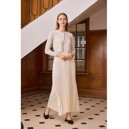 2-Piece Satin Pleated Slip Dress with Shimmer Cardigan