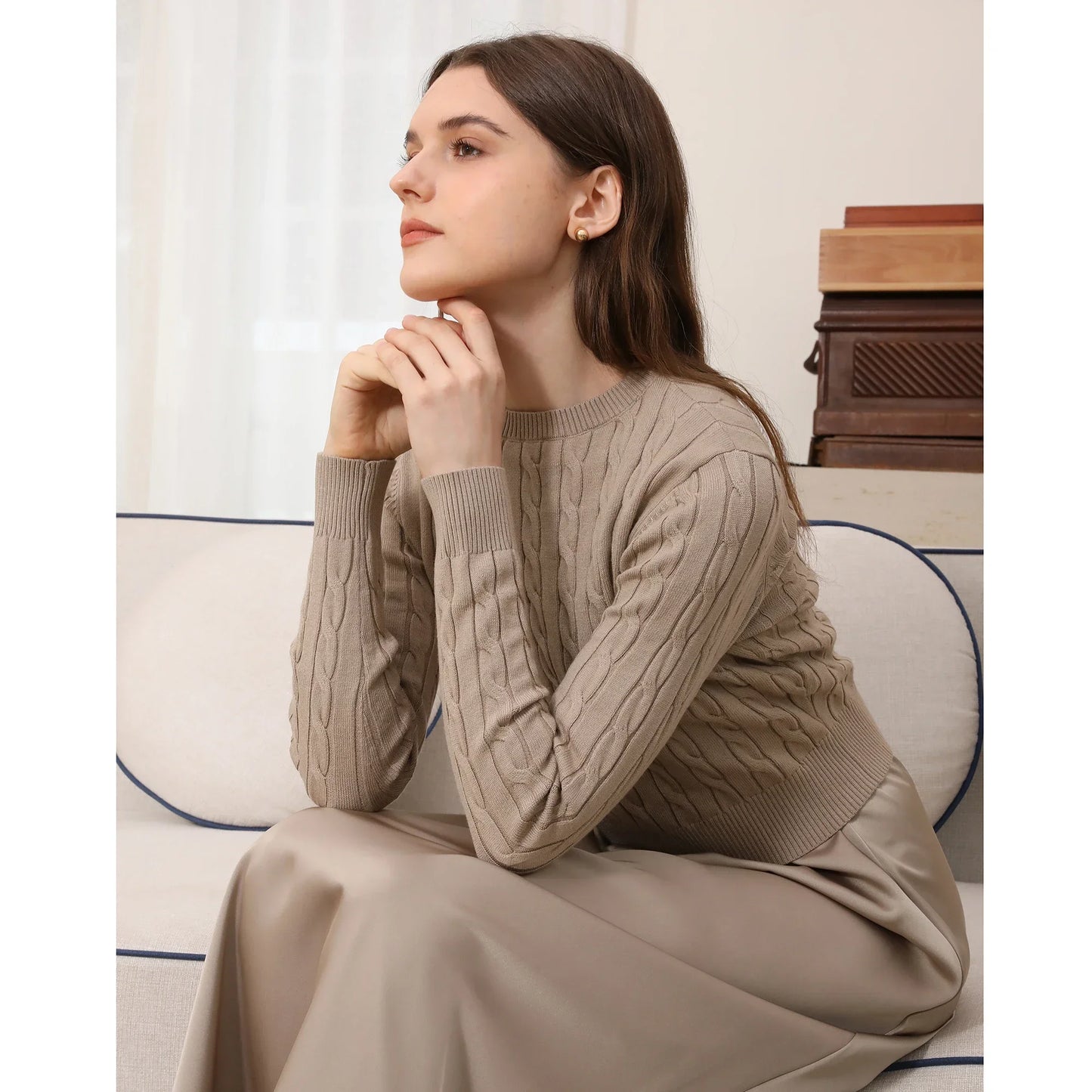 Cableknit Sweater & Satin Maxi Dress Set – Soft Modest Fit