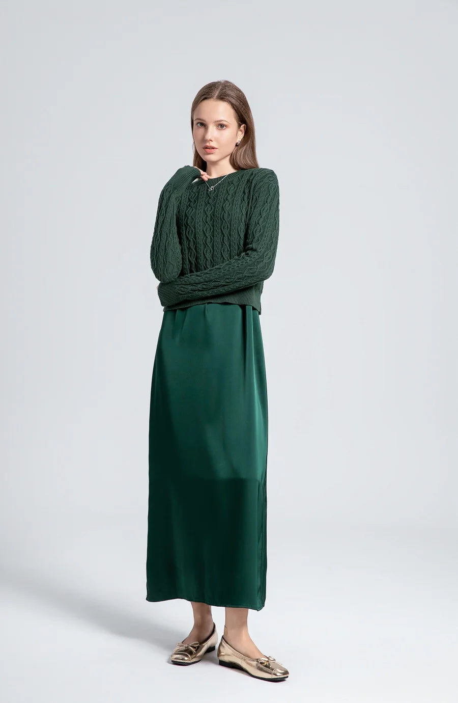 Cable-Knit Hoodie + Satin Slip Dress Set (Winter Edition)