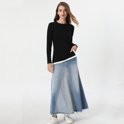 Ribbed Tee & Denim Maxi Skirt Set – Contrast Round Neck Modest Fit