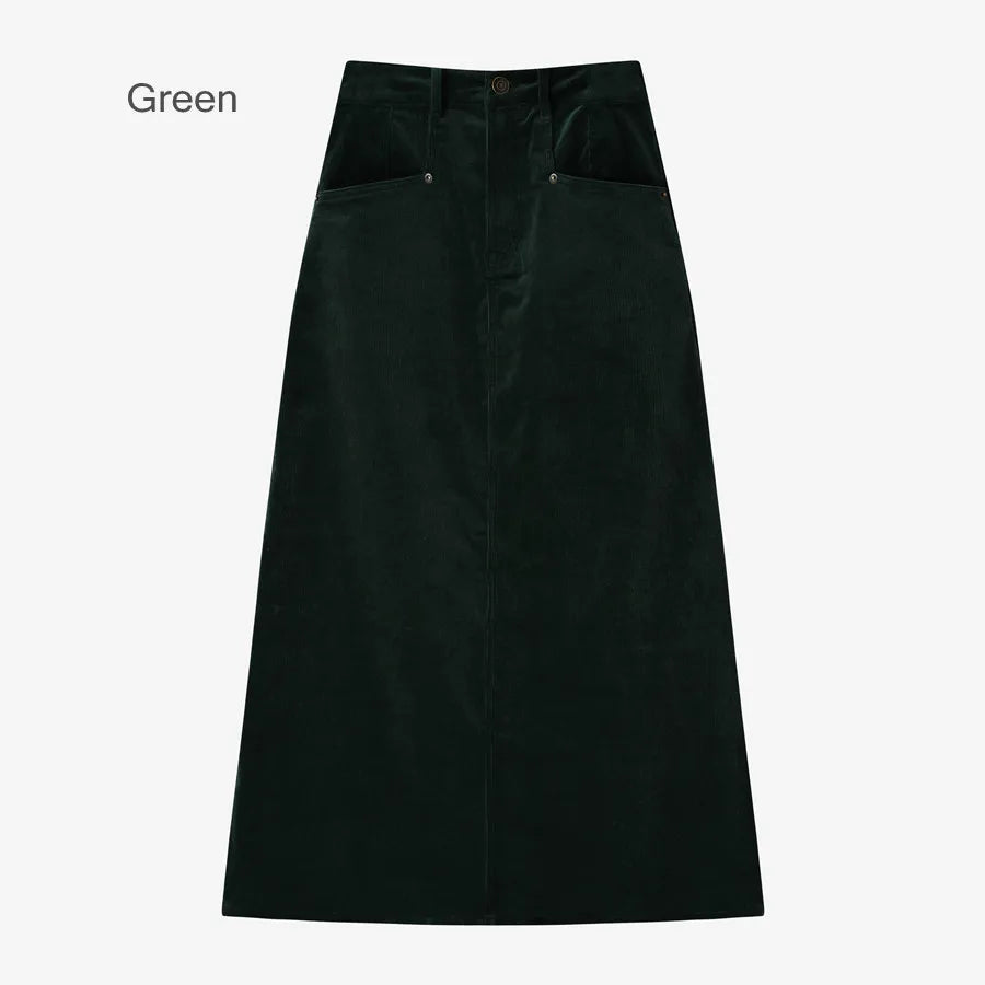Corduroy Maxi Skirt + High-Stretch Ribbed Top Set (Autumn Edition)