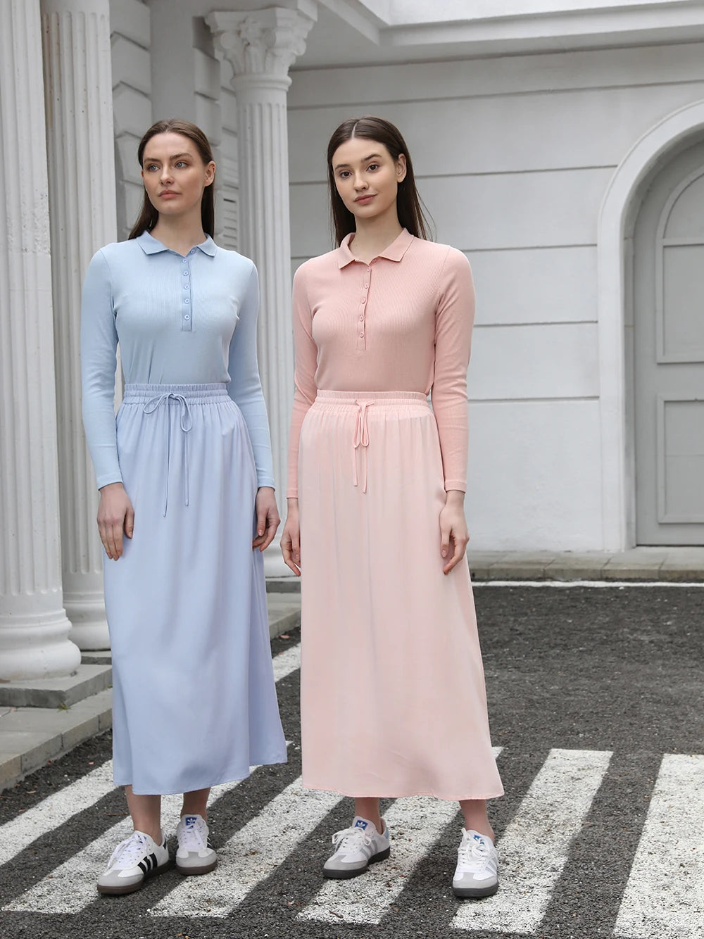 Cotton Blend Turn-Down Collar Top & A-Line Maxi Skirt Set – Modest Casual Fit