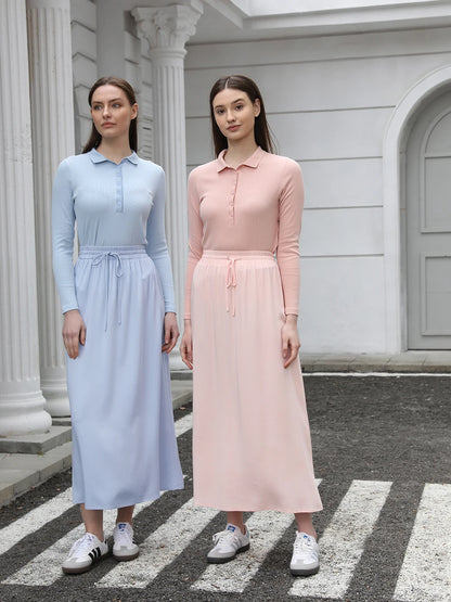 Cotton Blend Turn-Down Collar Top & A-Line Maxi Skirt Set – Modest Casual Fit