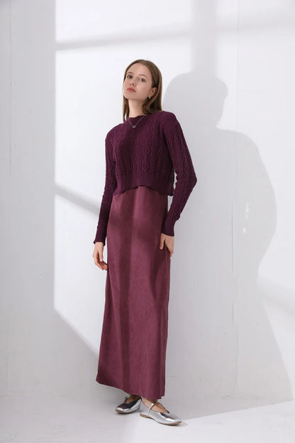 2-Piece Cable Knit Top + Cupro Slip Maxi Dress Set