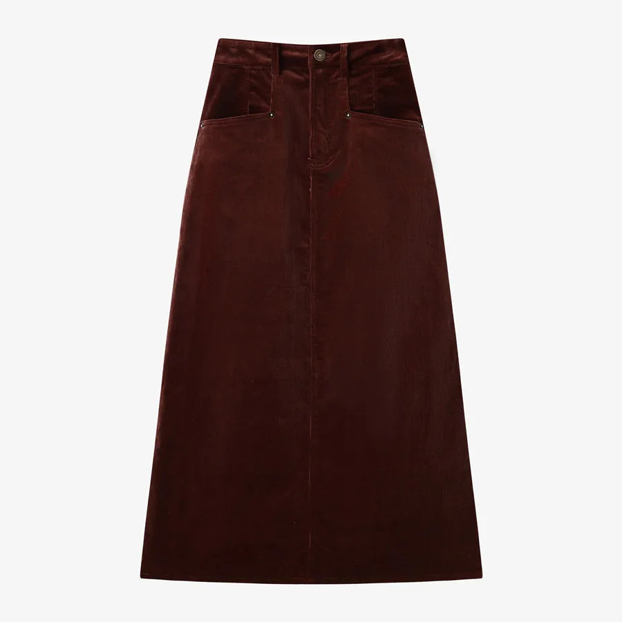 Corduroy Maxi Skirt + High-Stretch Ribbed Top Set (Autumn Edition)