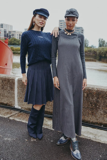 Pinstripe 4-Piece Autumn Set — Slip Dress, Knit Mockneck, Cable Knit, and Pleated Skirt