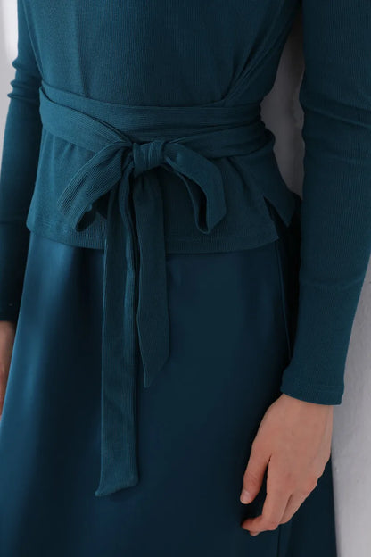 2-Piece Ribbed Wrap Top + Satin Slip Maxi Dress Set (Autumn Edition)