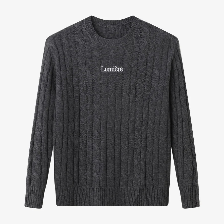 Pinstripe 4-Piece Autumn Set — Slip Dress, Knit Mockneck, Cable Knit, and Pleated Skirt