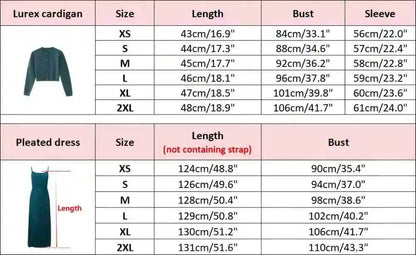 2-Piece Satin Pleated Slip Dress with Shimmer Cardigan