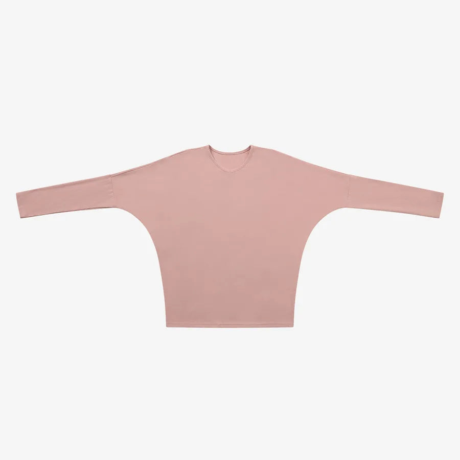 Loose Ribbed V-Neck Top with Batwing Sleeves (High-Stretch Cotton Blend)