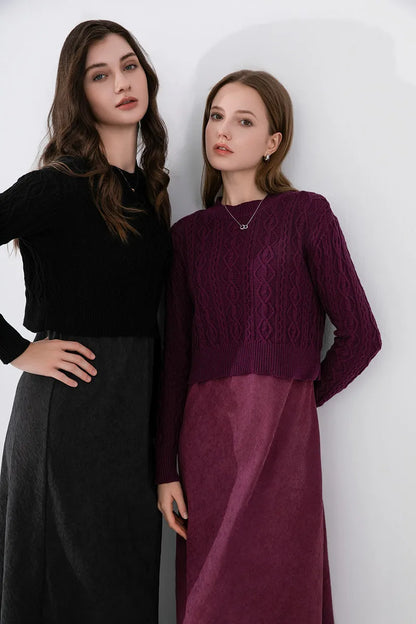 2-Piece Cable Knit Top + Cupro Slip Maxi Dress Set