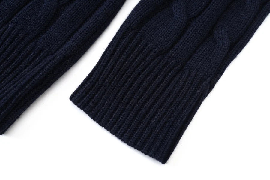 Pinstripe 4-Piece Autumn Set — Slip Dress, Knit Mockneck, Cable Knit, and Pleated Skirt