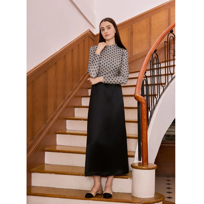 Printed Satin Maxi Dress Set – Mesh Inner Top + Knitted Vest (3-Piece Set)