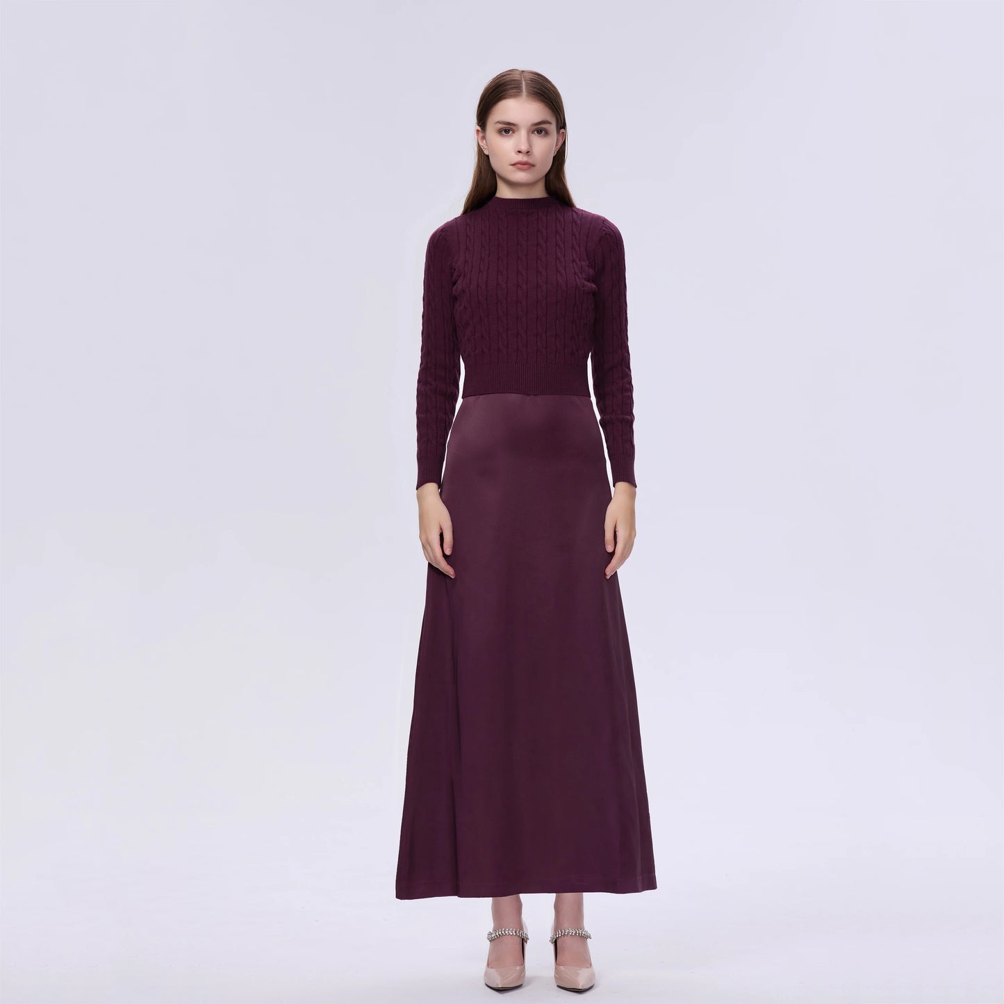 Cableknit Sweater & Satin Maxi Dress Set – Soft Modest Fit