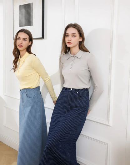 Pinstripe Denim Maxi Skirt (A-Line, Stretch Fit)