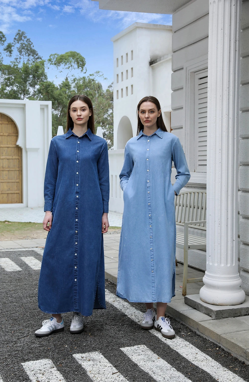 Denim Modest Maxi Shirt Dress – Belted Waist