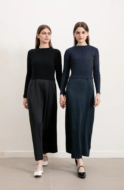 Cableknit Sweater & Satin Maxi Dress Set – Soft Modest Fit