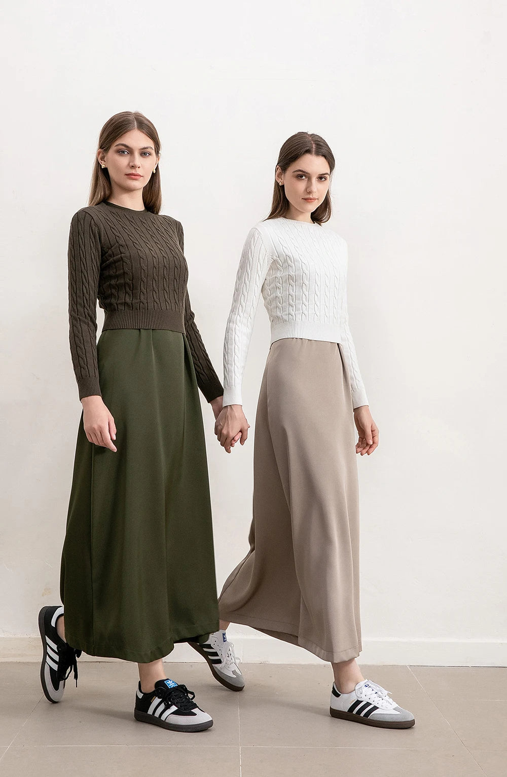 Cableknit Sweater & Satin Maxi Dress Set – Soft Modest Fit