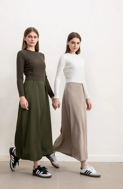 Cableknit Sweater & Satin Maxi Dress Set – Soft Modest Fit