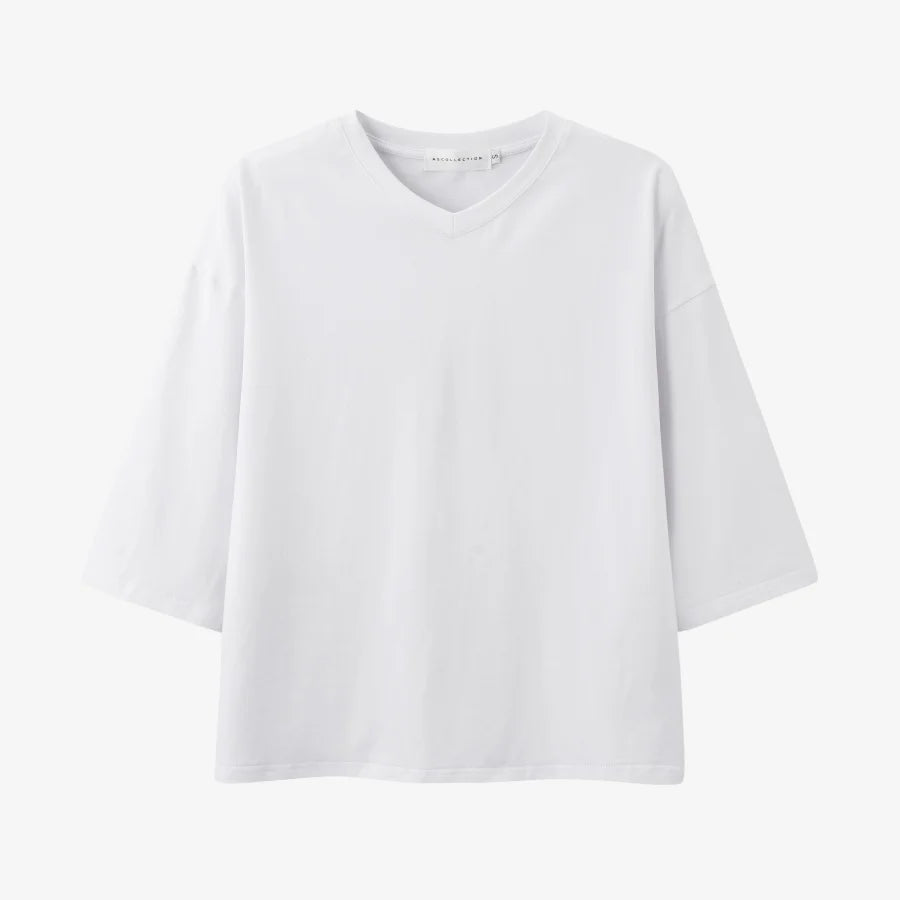 Loose Boxy V-Neck Tee with Drop Sleeves (Cotton Blend)