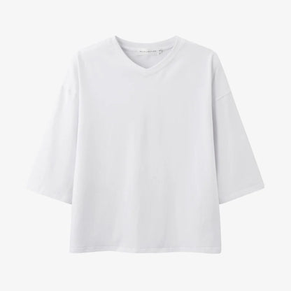 Loose Boxy V-Neck Tee with Drop Sleeves (Cotton Blend)