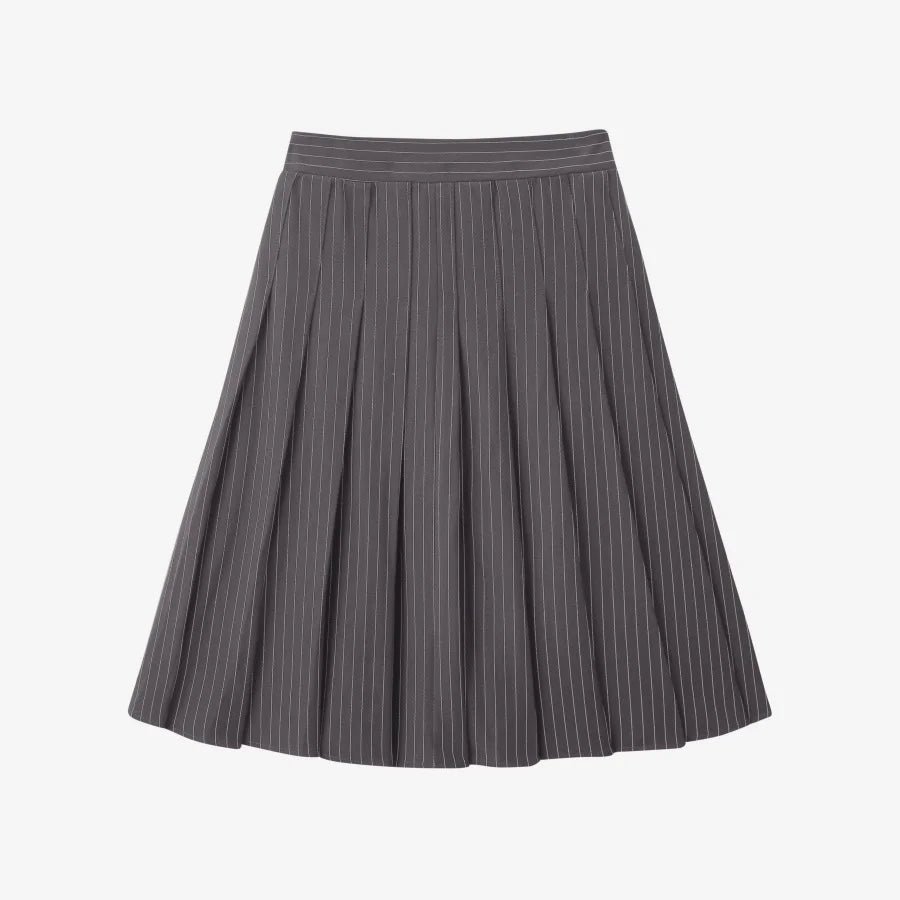 Pinstripe 4-Piece Autumn Set — Slip Dress, Knit Mockneck, Cable Knit, and Pleated Skirt